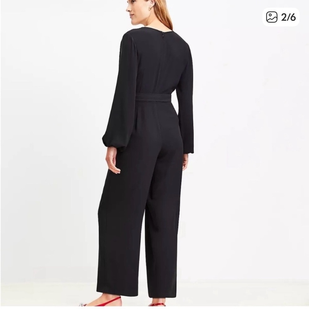 LOFT Black Long-Sleeve V-Neck Jumpsuit with Tie Waist. Size 12. - Picture 3 of 16